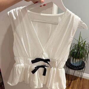 Commense White Textured Blouse with Black Bows